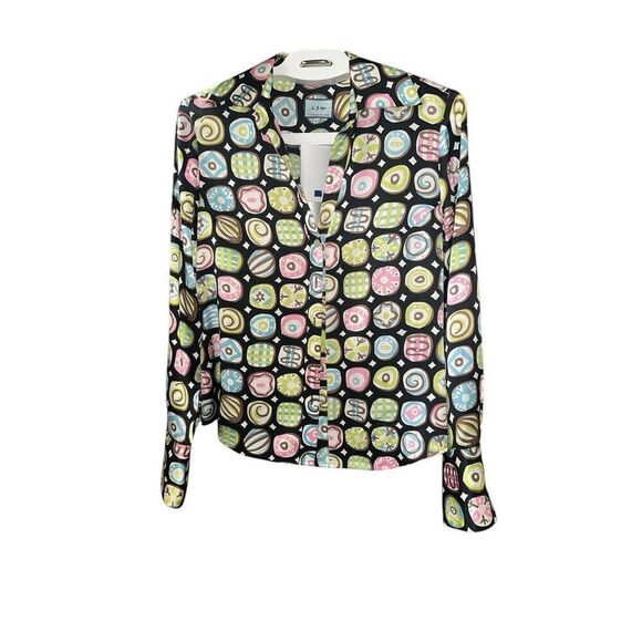 ITW by Claude Brown Art Wear Funky Abstract 100% Silk Blouse Size 6 - Picture 1 of 6